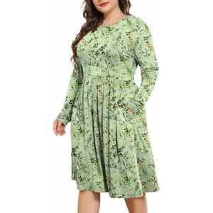 imagePOSESHE Womens Plus Size Dresses 2024 Long Sleeves Crew Neck Casual Dresses Empire Waist Loose Flowy Dress with PocketsGreen W Floral