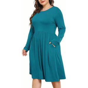 imagePOSESHE Womens Plus Size Dresses 2024 Long Sleeves Crew Neck Casual Dresses Empire Waist Loose Flowy Dress with PocketsGrey Blue