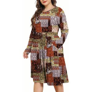imagePOSESHE Womens Plus Size Dresses 2024 Long Sleeves Crew Neck Casual Dresses Empire Waist Loose Flowy Dress with PocketsMix Color