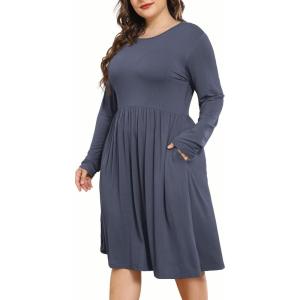imagePOSESHE Womens Plus Size Dresses 2024 Long Sleeves Crew Neck Casual Dresses Empire Waist Loose Flowy Dress with PocketsPurple Grey