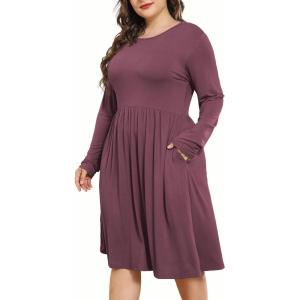 imagePOSESHE Womens Plus Size Dresses 2024 Long Sleeves Crew Neck Casual Dresses Empire Waist Loose Flowy Dress with PocketsPurple Red