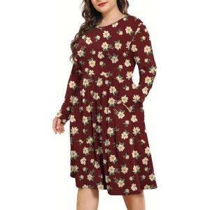 imagePOSESHE Womens Plus Size Dresses 2024 Long Sleeves Crew Neck Casual Dresses Empire Waist Loose Flowy Dress with PocketsRed Begonia