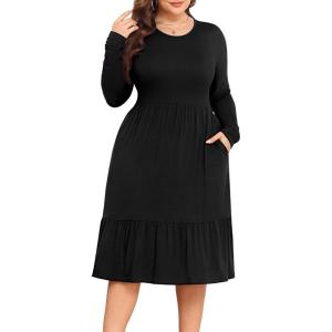 imagePOSESHE Womens Plus Size Dresses Short Sleeve Summer Casual Cute Loose Pleated Tiered Swing TShirt Dresses with PocketsB1black