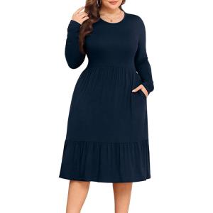 imagePOSESHE Womens Plus Size Dresses Short Sleeve Summer Casual Cute Loose Pleated Tiered Swing TShirt Dresses with PocketsB2navy Blue