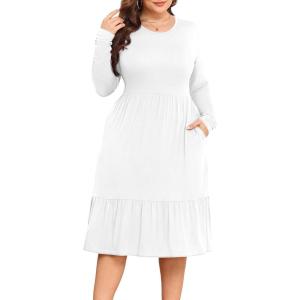 imagePOSESHE Womens Plus Size Dresses Short Sleeve Summer Casual Cute Loose Pleated Tiered Swing TShirt Dresses with PocketsB5white