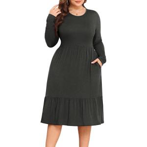 imagePOSESHE Womens Plus Size Dresses Short Sleeve Summer Casual Cute Loose Pleated Tiered Swing TShirt Dresses with PocketsB6grey