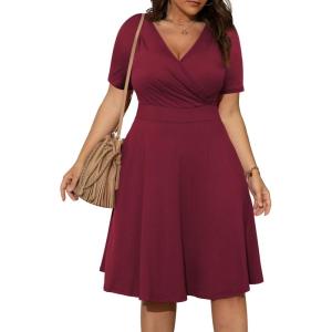 imagePOSESHE Womens Plus Size Dresses Summer Short Sleeve Wrap VNeck Sundress Casual Wedding Guest Cocktail Dress with Pockets16wine Red