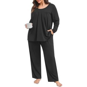 imagePOSESHE Womens Plus Size Short Sleeve Pajama Sets 2 Piece Lounge Sleepwear Ladies Pjs Sets with Pockets LoungeBlack