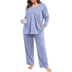 imagePOSESHE Womens Plus Size Short Sleeve Pajama Sets 2 Piece Lounge Sleepwear Ladies Pjs Sets with Pockets LoungeBlue Floral