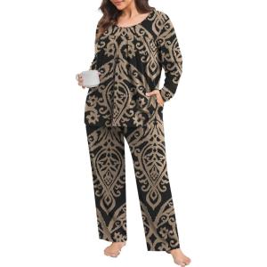imagePOSESHE Womens Plus Size Short Sleeve Pajama Sets 2 Piece Lounge Sleepwear Ladies Pjs Sets with Pockets LoungeKhaki Floral