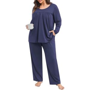 imagePOSESHE Womens Plus Size Short Sleeve Pajama Sets 2 Piece Lounge Sleepwear Ladies Pjs Sets with Pockets LoungeNavy Blue