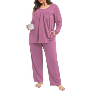 imagePOSESHE Womens Plus Size Short Sleeve Pajama Sets 2 Piece Lounge Sleepwear Ladies Pjs Sets with Pockets LoungePurple Red