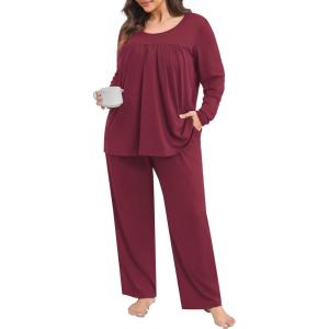imagePOSESHE Womens Plus Size Short Sleeve Pajama Sets 2 Piece Lounge Sleepwear Ladies Pjs Sets with Pockets LoungeWine Red