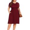 imagePOSESHE Womens Plus Size Dress 2024 Summer Casual Petal Short Sleeve Empire Waist Loose Fit Swing TShirt Dress with PocketsA6wine Red