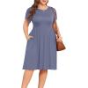 imagePOSESHE Womens Plus Size Dress 2024 Summer Casual Petal Short Sleeve Empire Waist Loose Fit Swing TShirt Dress with PocketsA8purple Grey