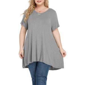 imagePOSESHE Plus Size Tunic Tops Women L5X Long Sleeve Button Basic Loose Tee Shirts Casual Flowy Swing V Neck Blouse TShirtB02 Heather Gray