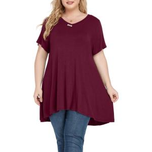 imagePOSESHE Plus Size Tunic Tops Women L5X Long Sleeve Button Basic Loose Tee Shirts Casual Flowy Swing V Neck Blouse TShirtB04 Wine Red