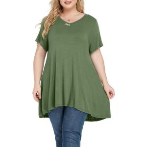 imagePOSESHE Plus Size Tunic Tops Women L5X Long Sleeve Button Basic Loose Tee Shirts Casual Flowy Swing V Neck Blouse TShirtB05 Army Green