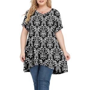 imagePOSESHE Plus Size Tunic Tops Women L5X Long Sleeve Button Basic Loose Tee Shirts Casual Flowy Swing V Neck Blouse TShirtB06 Print Black
