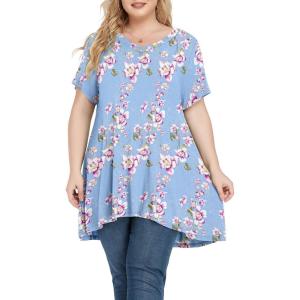 imagePOSESHE Plus Size Tunic Tops Women L5X Long Sleeve Button Basic Loose Tee Shirts Casual Flowy Swing V Neck Blouse TShirtB08 Flower Light Blue
