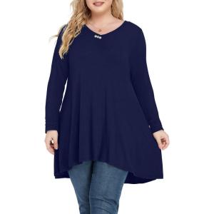 imagePOSESHE Plus Size Tunic Tops Women L5X Long Sleeve Button Basic Loose Tee Shirts Casual Flowy Swing V Neck Blouse TShirtC03 Long Sleeve Navy