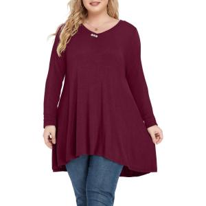 imagePOSESHE Plus Size Tunic Tops Women L5X Long Sleeve Button Basic Loose Tee Shirts Casual Flowy Swing V Neck Blouse TShirtC05 Longwine Red