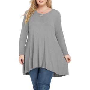 imagePOSESHE Plus Size Tunic Tops Women L5X Long Sleeve Button Basic Loose Tee Shirts Casual Flowy Swing V Neck Blouse TShirtC06 Longheather Gray