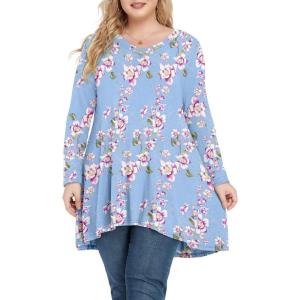 imagePOSESHE Plus Size Tunic Tops Women L5X Long Sleeve Button Basic Loose Tee Shirts Casual Flowy Swing V Neck Blouse TShirtC07 Long Sleeve Fl Blue