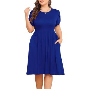 imagePOSESHE Womens Plus Size Dress 2024 Summer Casual Petal Short Sleeve Empire Waist Loose Fit Swing TShirt Dress with PocketsA3royal Blue