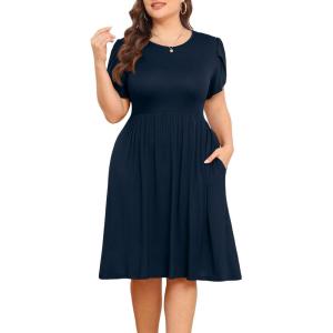 imagePOSESHE Womens Plus Size Dress 2024 Summer Casual Petal Short Sleeve Empire Waist Loose Fit Swing TShirt Dress with PocketsA5navy Blue