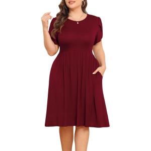 imagePOSESHE Womens Plus Size Dress 2024 Summer Casual Petal Short Sleeve Empire Waist Loose Fit Swing TShirt Dress with PocketsA6wine Red