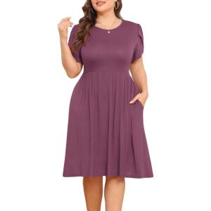 imagePOSESHE Womens Plus Size Dress 2024 Summer Casual Petal Short Sleeve Empire Waist Loose Fit Swing TShirt Dress with PocketsA7purple Red