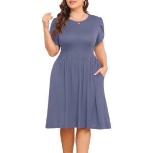 imagePOSESHE Womens Plus Size Dress 2024 Summer Casual Petal Short Sleeve Empire Waist Loose Fit Swing TShirt Dress with PocketsA8purple Grey