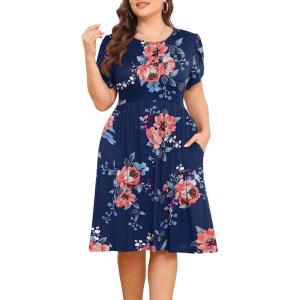 imagePOSESHE Womens Plus Size Dress 2024 Summer Casual Petal Short Sleeve Empire Waist Loose Fit Swing TShirt Dress with PocketsA9navy Blue Floral
