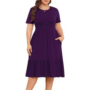 imagePOSESHE Womens Plus Size Dresses Short Sleeve Summer Casual Cute Loose Pleated Tiered Swing TShirt Dresses with PocketsA3purple
