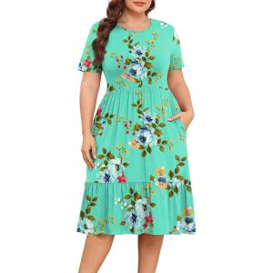 imagePOSESHE Womens Plus Size Dresses Short Sleeve Summer Casual Cute Loose Pleated Tiered Swing TShirt Dresses with PocketsA5green Floral