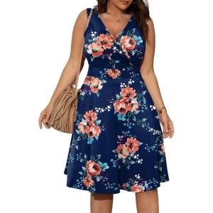 imagePOSESHE Womens Plus Size Dresses Sleeveless Wrap VNeck Sundress Casual Summer Wedding Guest Cocktail Dress with Pockets06navy Blue Flower