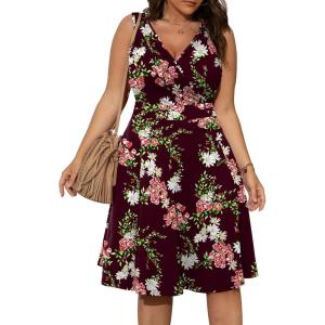 imagePOSESHE Womens Plus Size Dresses Sleeveless Wrap VNeck Sundress Casual Summer Wedding Guest Cocktail Dress with Pockets06wine Red Flower