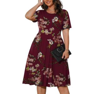 imagePOSESHE Womens Plus Size Summer Dress 2024 Casual Short Sleeve Empire Waist Loose Fit Swing TShirt Dress with PocketsB10wine Red Flower