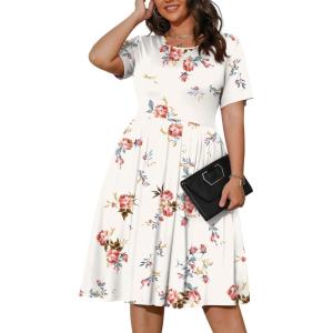 imagePOSESHE Womens Plus Size Summer Dress 2024 Casual Short Sleeve Empire Waist Loose Fit Swing TShirt Dress with PocketsB14rose Leaf