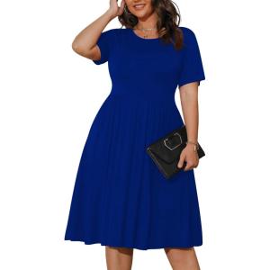imagePOSESHE Womens Plus Size Summer Dress 2024 Casual Short Sleeve Empire Waist Loose Fit Swing TShirt Dress with PocketsB16royal Blue