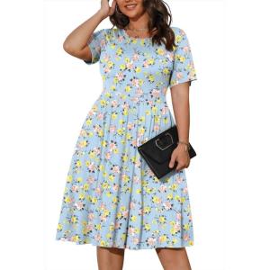 imagePOSESHE Womens Plus Size Summer Dress 2024 Casual Short Sleeve Empire Waist Loose Fit Swing TShirt Dress with PocketsB1yellow Rose