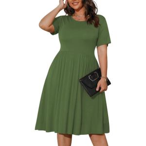imagePOSESHE Womens Plus Size Summer Dress 2024 Casual Short Sleeve Empire Waist Loose Fit Swing TShirt Dress with PocketsB2army Green