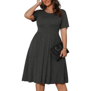 imagePOSESHE Womens Plus Size Summer Dress 2024 Casual Short Sleeve Empire Waist Loose Fit Swing TShirt Dress with PocketsB4gray