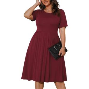 imagePOSESHE Womens Plus Size Summer Dress 2024 Casual Short Sleeve Empire Waist Loose Fit Swing TShirt Dress with PocketsB5wine Red