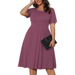 imagePOSESHE Womens Plus Size Summer Dress 2024 Casual Short Sleeve Empire Waist Loose Fit Swing TShirt Dress with PocketsB6purple Red