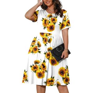 imagePOSESHE Womens Plus Size Summer Dress 2024 Casual Short Sleeve Empire Waist Loose Fit Swing TShirt Dress with PocketsB7sunflower
