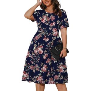 imagePOSESHE Womens Plus Size Summer Dress 2024 Casual Short Sleeve Empire Waist Loose Fit Swing TShirt Dress with PocketsB9rose Navy Blue
