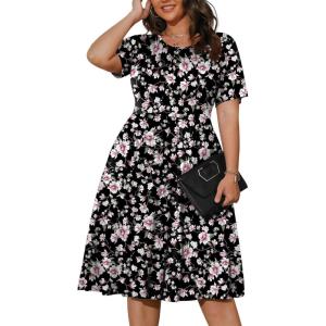 imagePOSESHE Womens Plus Size Summer Dress 2024 Casual Short Sleeve Empire Waist Loose Fit Swing TShirt Dress with PocketsBlack Pink Floral