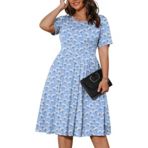 imagePOSESHE Womens Plus Size Summer Dress 2024 Casual Short Sleeve Empire Waist Loose Fit Swing TShirt Dress with PocketsDandelion Blue
